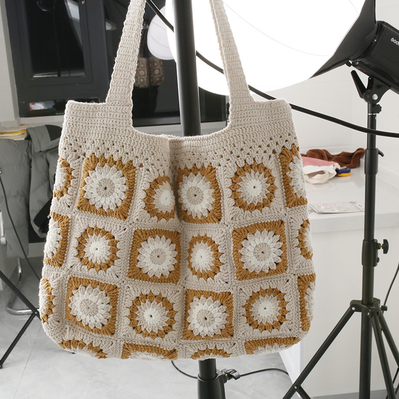 高档手工编织祖母方格单肩包 大号女士挎包 织女毛线钩织成品