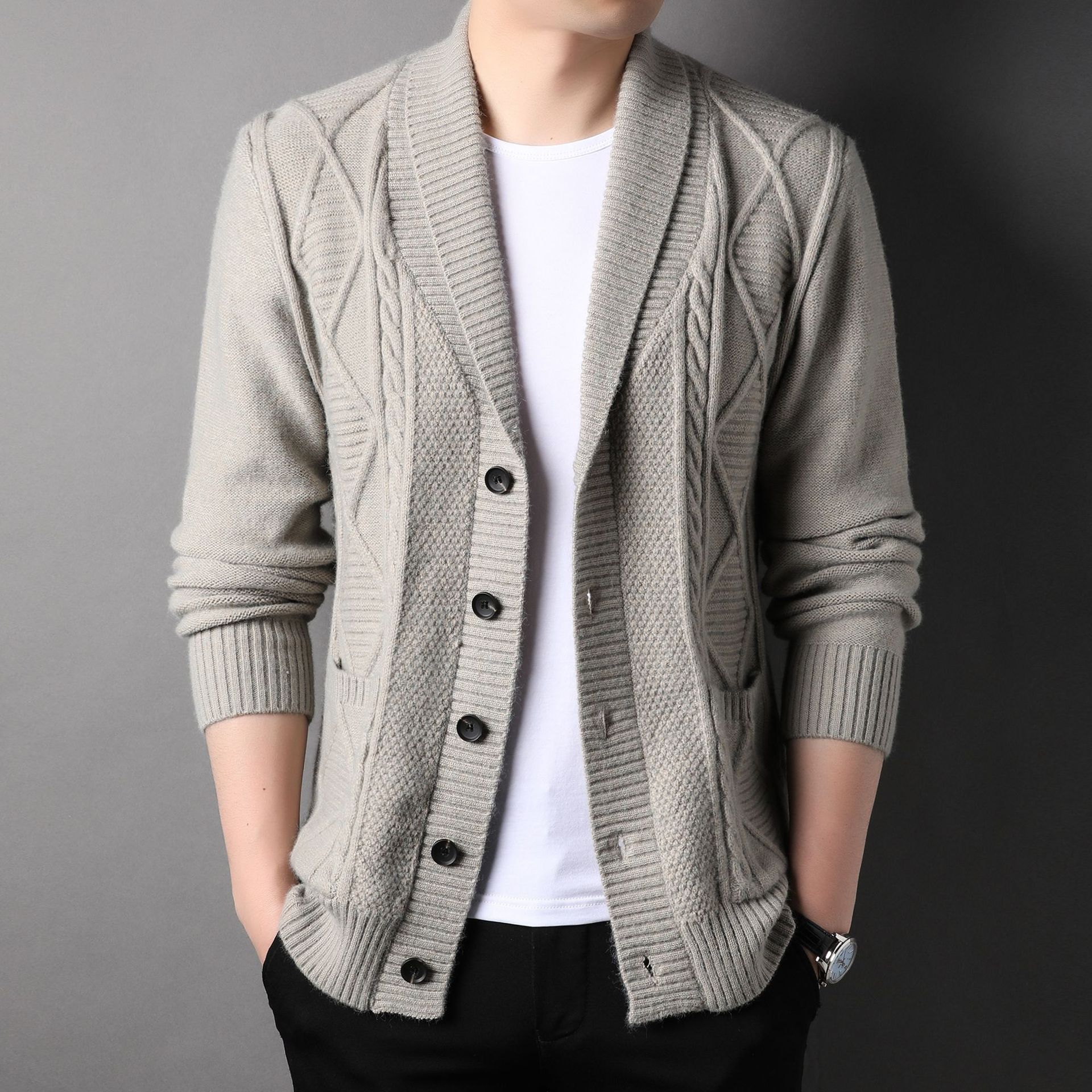 男士开衫春秋新款轻奢风时尚毛衣外套高档羊绒针织开衫韩版外套潮