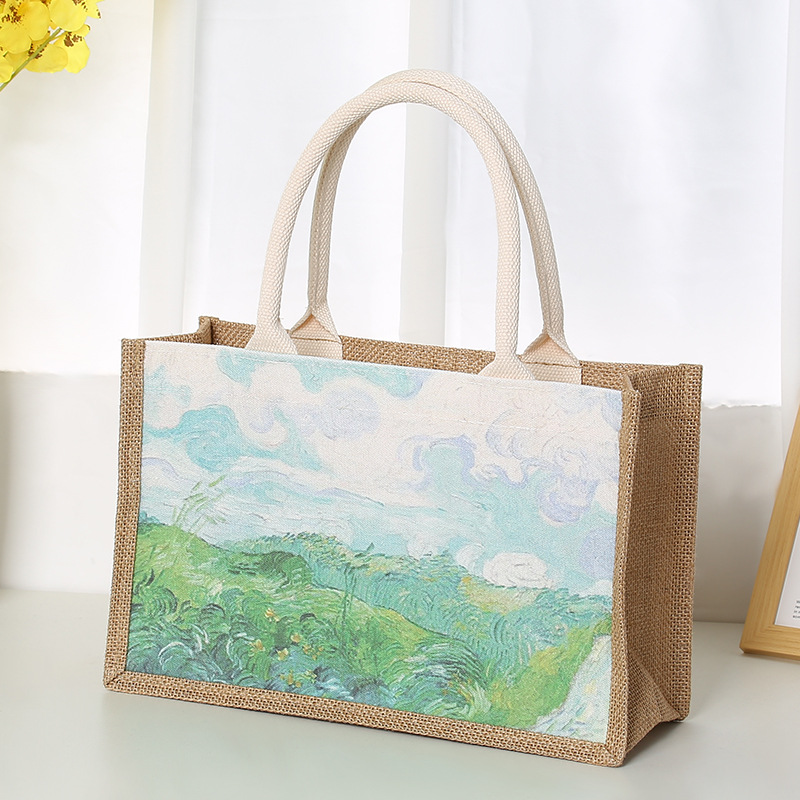 In Stock Wholesale Burlap Handbag Waterproof Printed Canvas Bag Gift Shopping Asian Cotton Linen Gunnysack