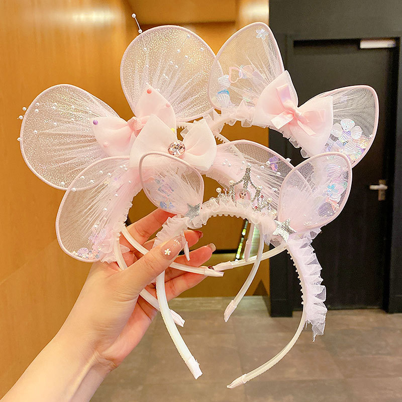 Children's Cute Headband Spring Princess Pink Headdress Rabbit Ears Toothed Non-Slip Headband Girls' Mesh Hairpin Hair Ornaments