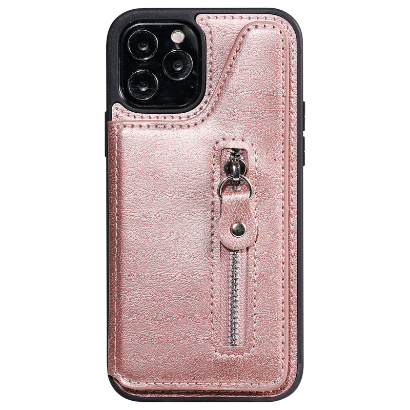 适用iphone12纯色双扣拉链翻盖插卡手机壳苹果12 pro max支架后壳