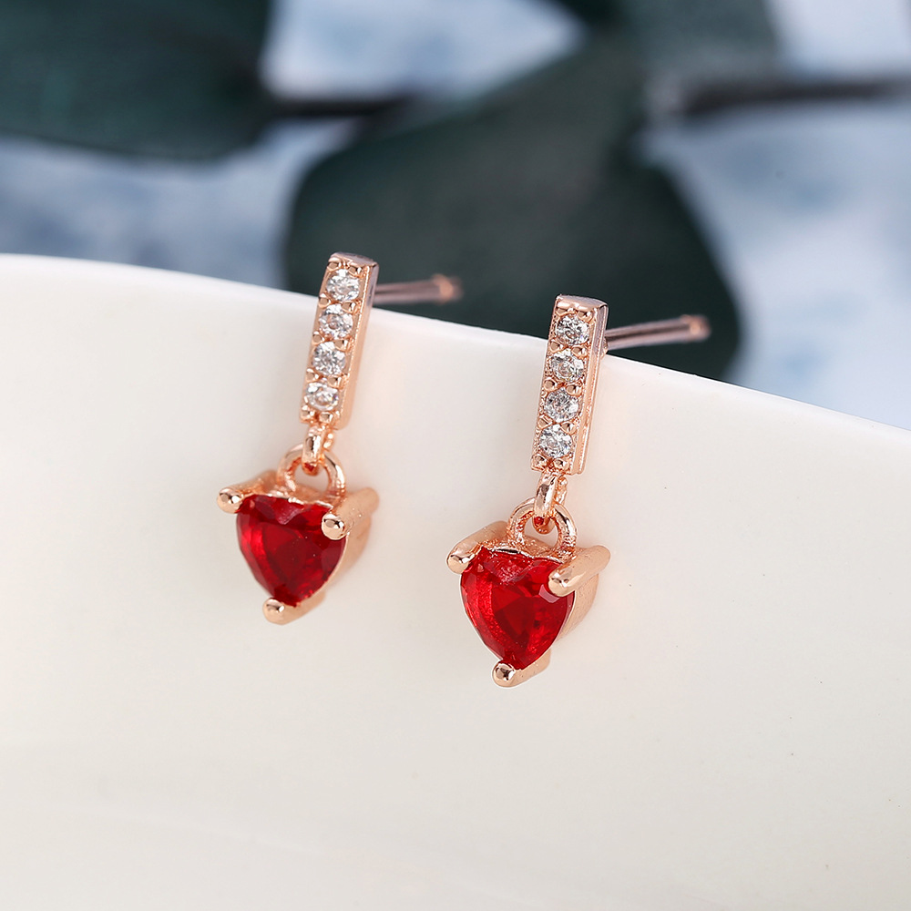 亿旺达新款彩宝耳环首饰镶嵌合成石榴石镀玫瑰金心形耳钉耳坠耳饰