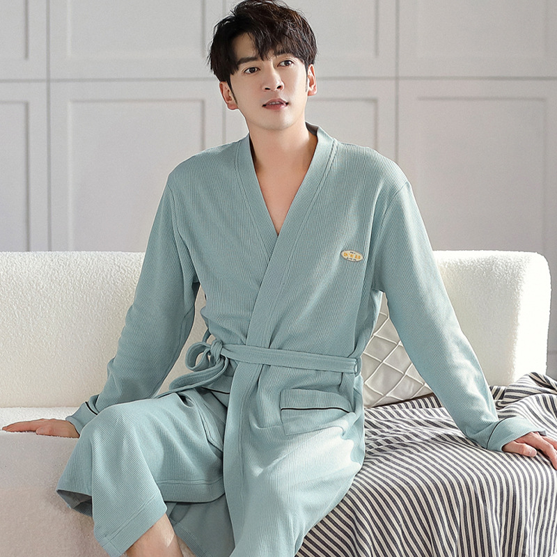 睡袍男士春夏季纯棉长袖薄款夏天睡衣浴袍宽松大码男款浴衣家居服
