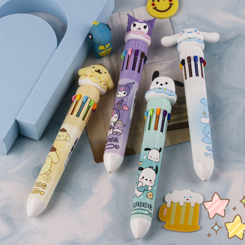 Ten-Color Ballpoint Pen Cartoon Cute Multi-Color Sanrio Press Type Color Pencil Student Good-looking Stationery Gel Pen