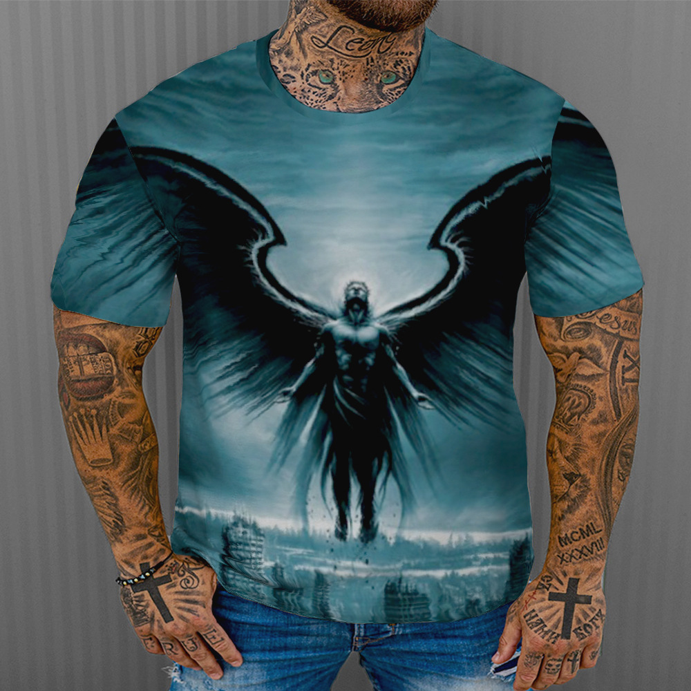 跨境电商厂家货源新款男圆领短袖欧美天使翅膀3dt恤衫数码印花