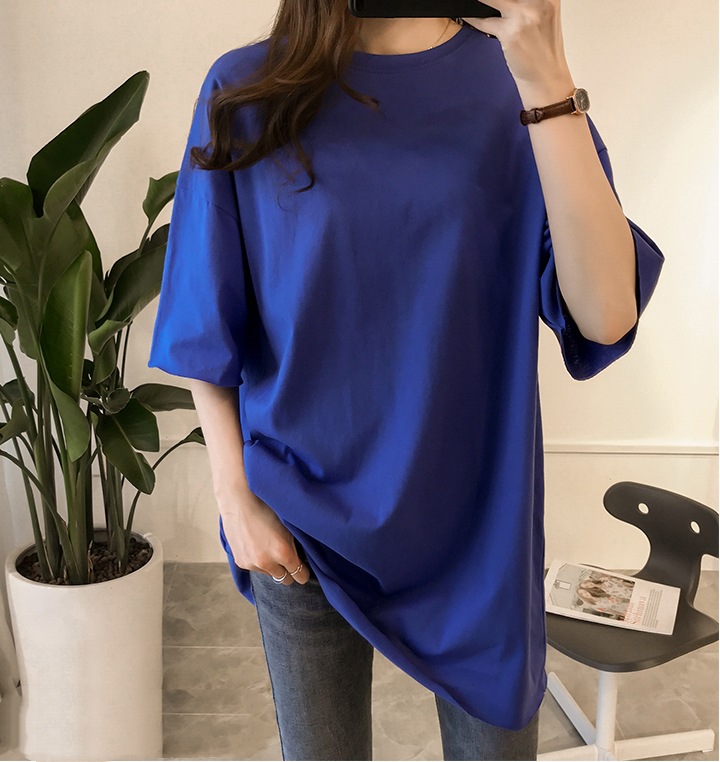 Solid Color T-shirt Women's Short Sleeve Korean Style Loose Large Size Slimming Plump Girls Mid-Length Student Half Sleeve Large Version Top Clothes Summer