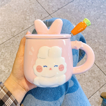 陶瓷杯子带盖勺马克杯可爱兔子高颜值喝水杯家用情侣办公室咖若云