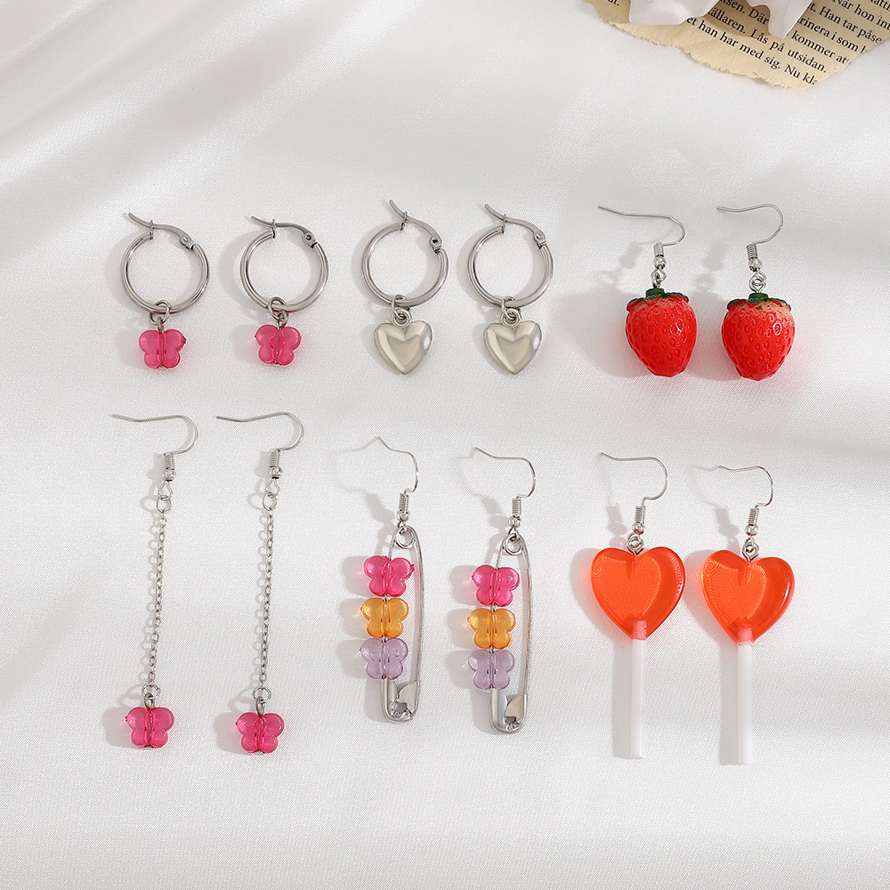 Japanese and Korean New Love Heart Earrings Six-Piece Ins Resin Butterfly Strawberry Long Clip Earrings Internet Influencer Earrings