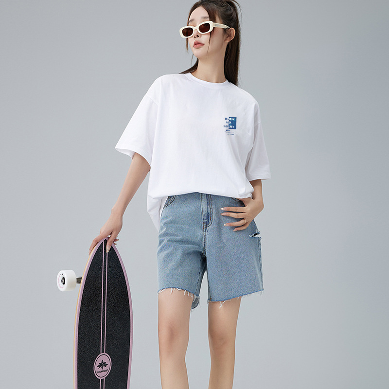 Summer White Cotton off-Shoulder Women's T-shirt Short Sleeve Korean Style round Neck Loose Half Sleeve Plump Girls Slim Looking Large Size Women's Wear