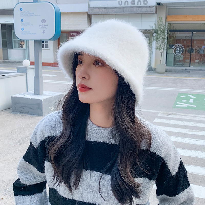 Autumn Winter Japanese Internet Celebrity Same Casual All-Match Furry Rabbit Fur Bucket Hat Cover Face Look Small Bucket Hat Trendy Women