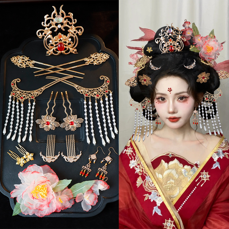 汉服头饰女流苏步摇发簪套装古风发冠钗子绢纱花朵全套古装配饰品