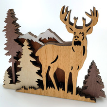 跨境新品北美森林木质雕刻风景创意家居鹿木制多层工艺品摆件