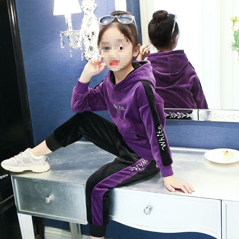 女童金丝绒套装秋冬季2025新款中大童韩版洋气加厚运动装潮两件套