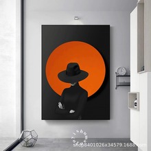 现代黑白灰橙色装饰画人物不规则线条色块抽象艺术画卧室墙面挂画