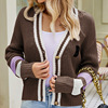 Cross border Europe and America jacket coat Autumn and winter Versatile stripe knitting Cardigan Long sleeve V-neck College wind sweater