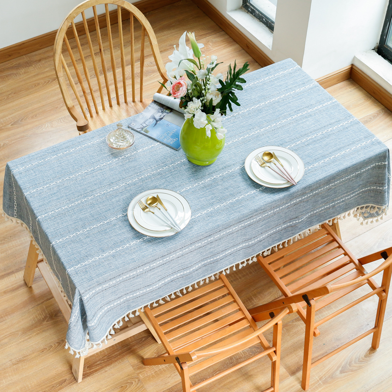 Cross-Border Foreign Trade Fabric Table Cloth European-Style Striped Jacquard Hollow Cotton Linen Tablecloth Coffee Table Cloth in Stock