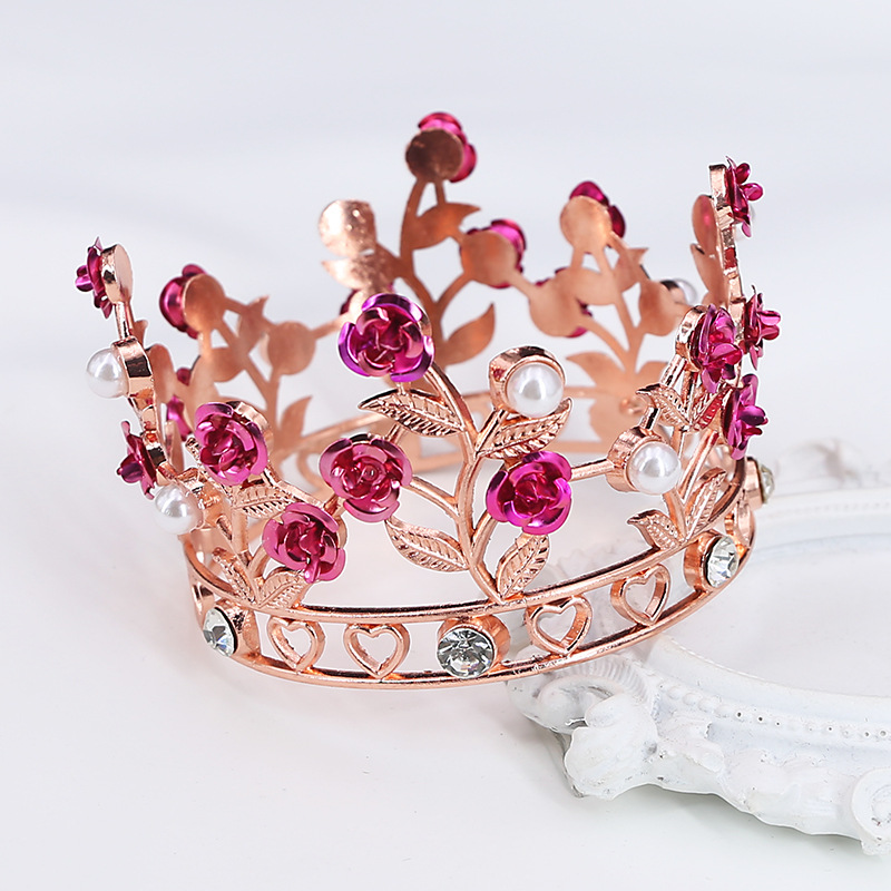 Original Cross-Border Birthday Flower Cake Crown Children's round Leaf Rose Headdress Crown Alloy Bridal Headdress