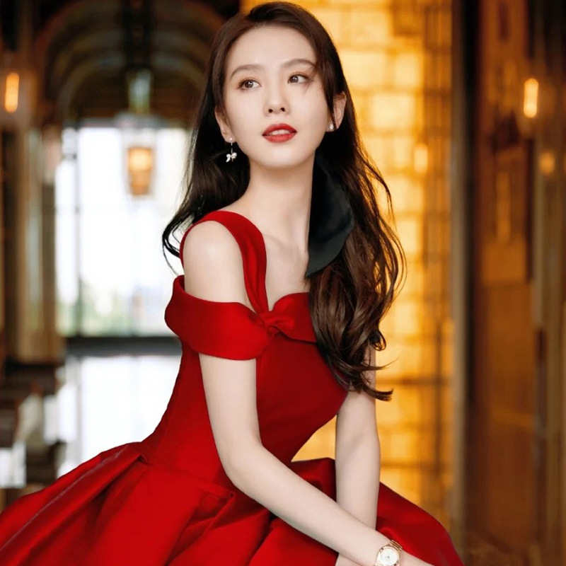 刘诗诗同款红色敬酒服新娘2021新款订婚连衣裙晚小礼服女长裙9534