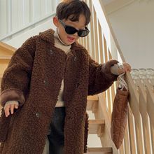 23秋冬新款韩国童装男童中小童深棕色美拉德加绒长款毛毛大衣外套