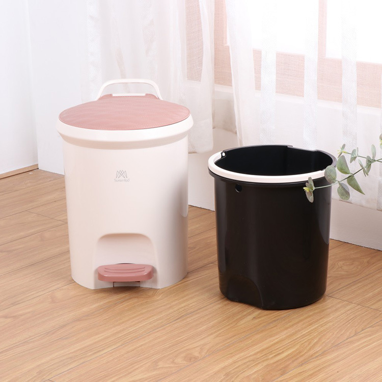 Plastic Trash Can Office Household Sanitary Bucket Fiber Drum Pedal Paper Basket with Inner Bucket Trash Bin 2122