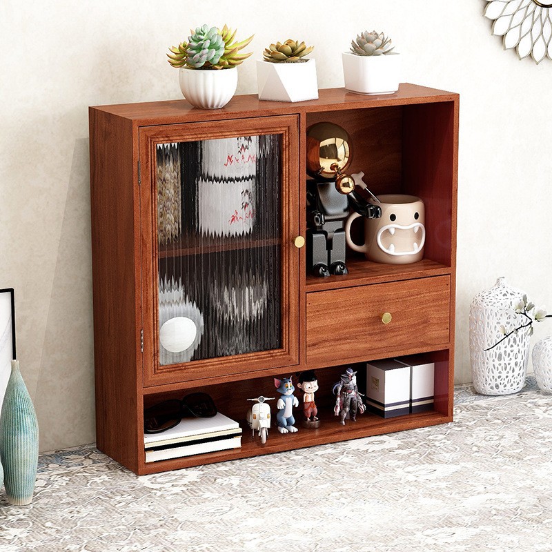 桌面置物架墙壁挂墙收纳盒门抽屉实木质格子茶具长虹玻璃收纳柜
