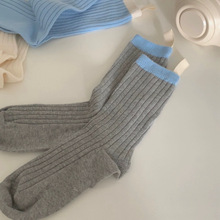 春日气息 小众基础拼色灰蓝堆堆袜韩国ins布标学院中筒袜基础女袜