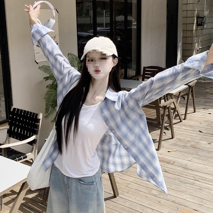 韩系蓝色格子防晒衬衫女春夏季慵懒风休闲宽松长袖衬衣设计感笙陇