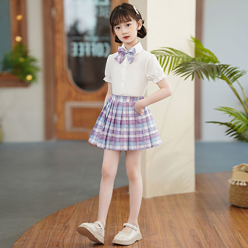 女童jk制服裙子夏季小学生短袖儿童夏装学院风套装校服格子百褶裙