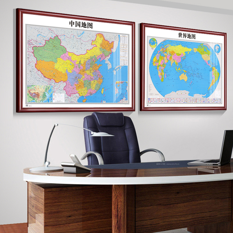 Framed China Map World Wall Chart 2023 Framed Office Background Wall Decoration Hanging Painting Solid Wood Mounting