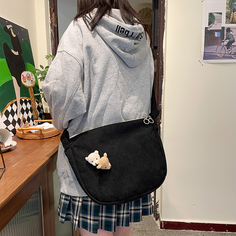 Korean Style Ulzzang Vintage Style All-Match Casual Cute Bear Pendant Soft Girl Student Corduroy Cross-Body Bag Female