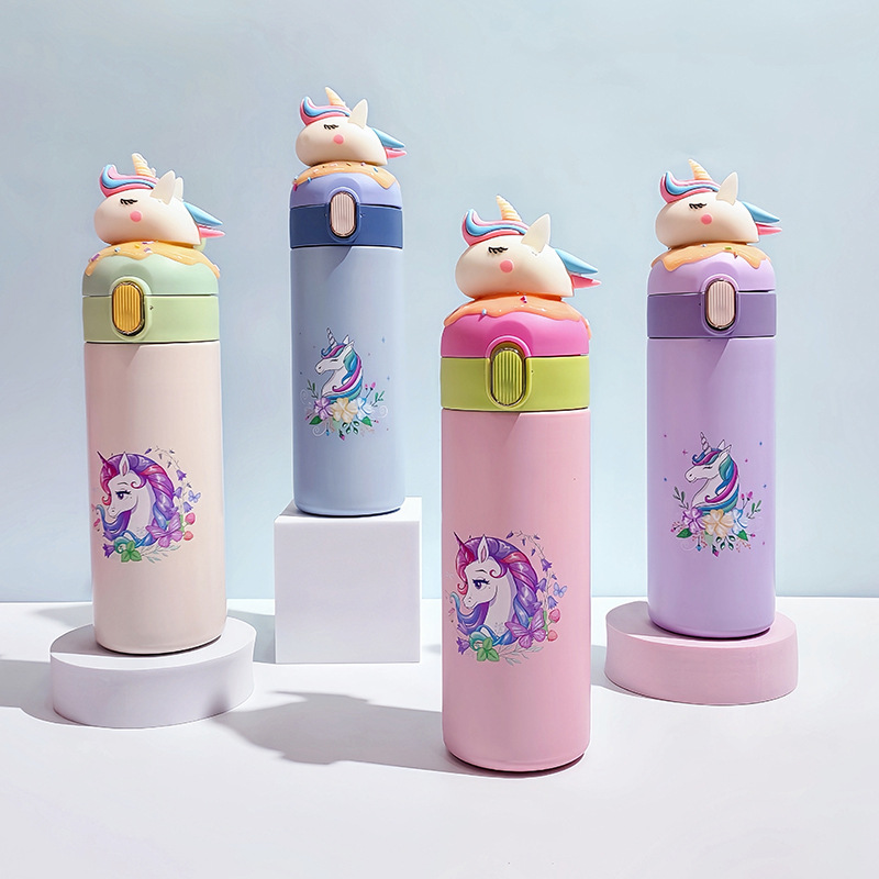 Factory Direct Sales Cross-Border 304 Stainless Steel Thermos Cup Solid Color Handle Cover Cartoon Handmade Big Unicorn Tumbler