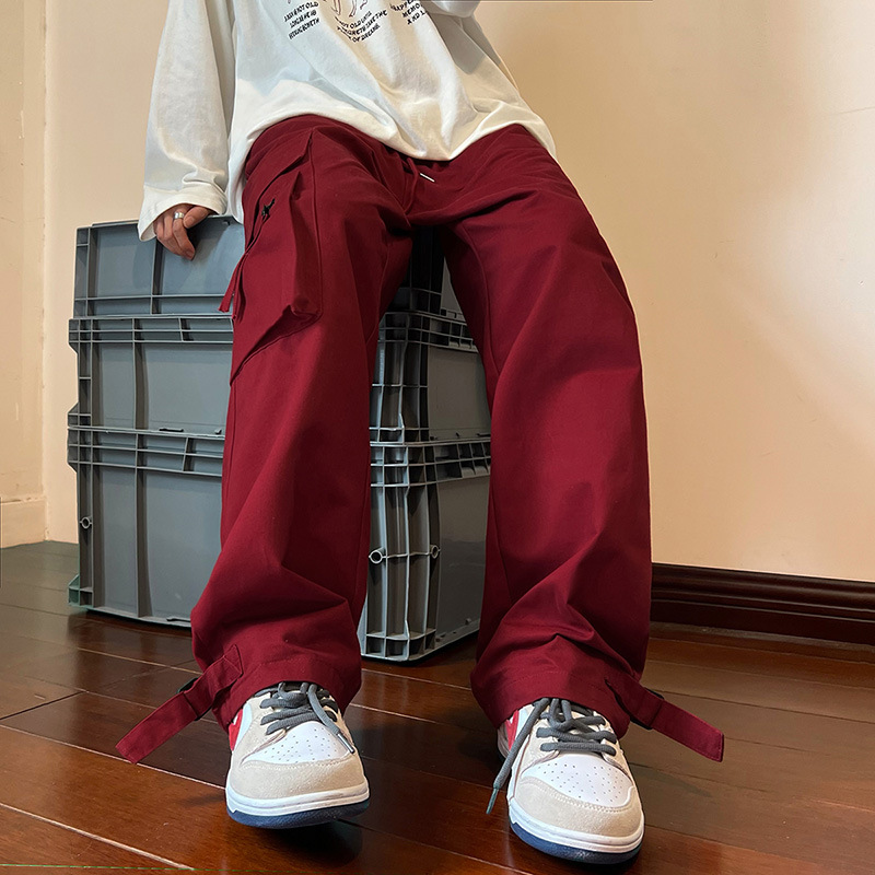   Wine Red Overalls Men's Autumn Hip Hop American Fashion Brand Casual Pants Ins Trendy oose Straight-eg Wide-eg Pants