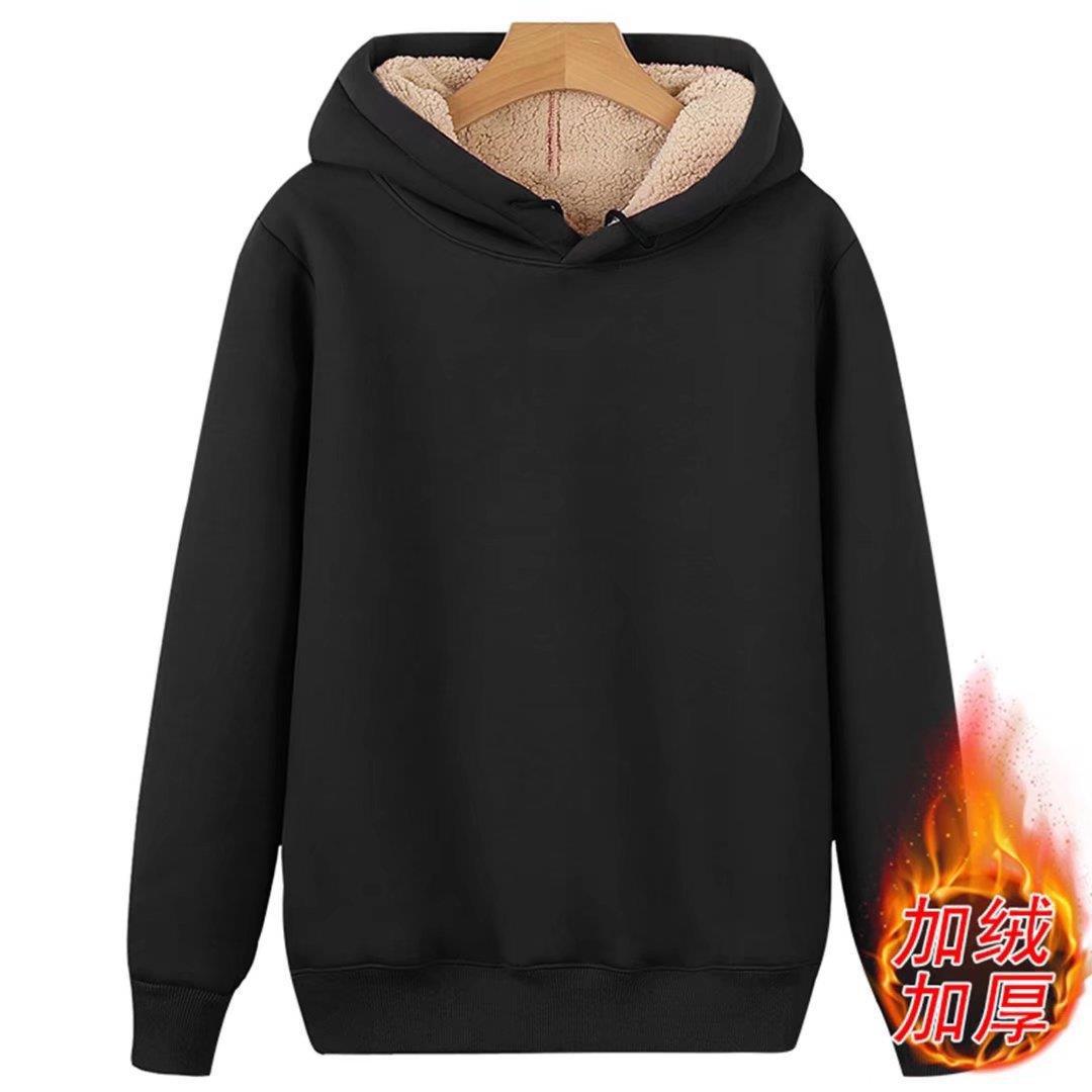 连帽加绒帽衫男士卫衣秋冬款潮流加厚纯色外套带帽套头羊羔绒上衣