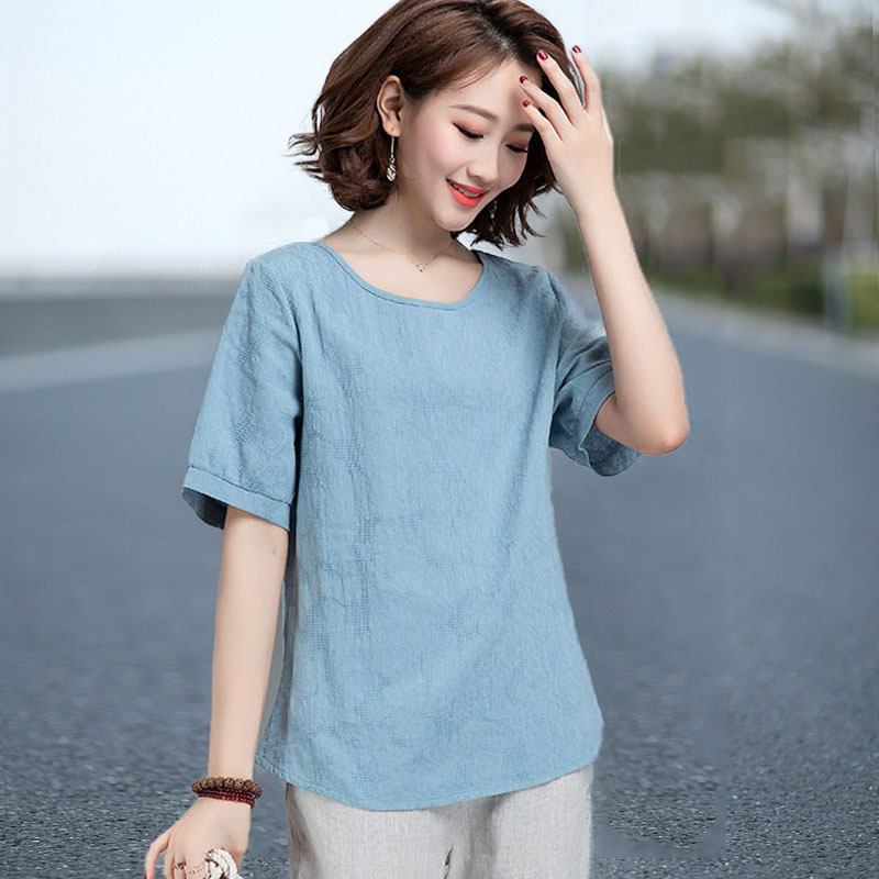 夏装棉麻上衣女装短袖2022新款麻料宽松t恤女显瘦亚麻棉休闲中年t
