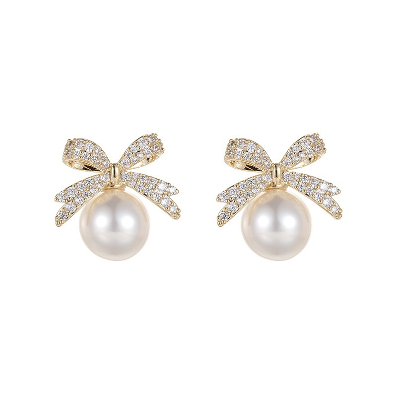 Japanese and Korean Exquisite Full Diamond Bow Pearl Stud Earrings Women's Fashion Simple and Compact All-Match Silver Pin Earrings Earrings
