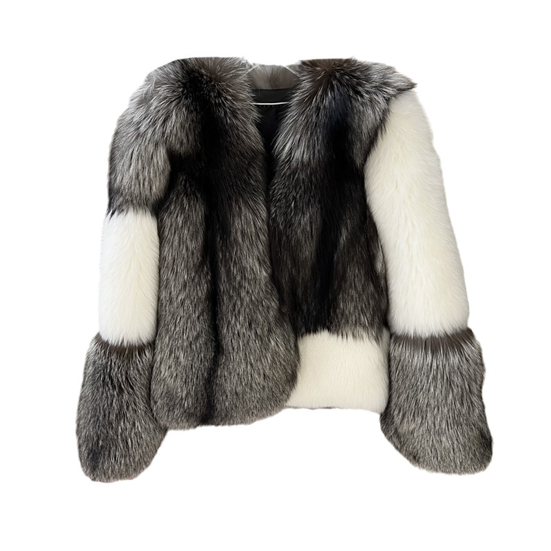 2023冬季新款网红款裘皮大衣短款整皮银狐狐狸毛皮草外套女撞色系