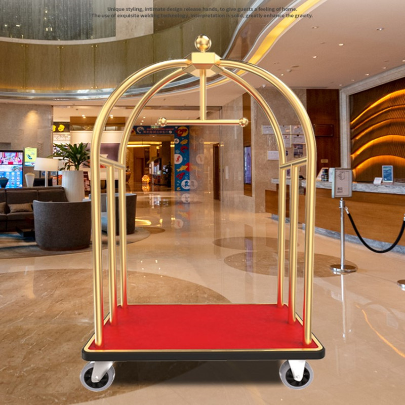 黑金酒店静音轮行李车不锈钢金属载重推车大堂礼宾推拉服务平板车