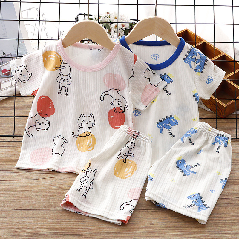 Children's Summer Clothes Baby Ice Silk Short Sleeve Suit Baby Thin Pajamas Boys' Air Conditioning Clothes Girls' Two-Piece Suit Summer Baby Clothes