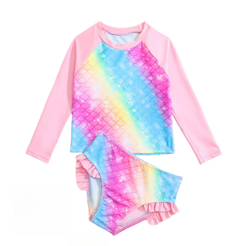儿童泳衣女童分体长袖三角裤游泳衣中小童防晒沙滩宝宝泡温泉套装