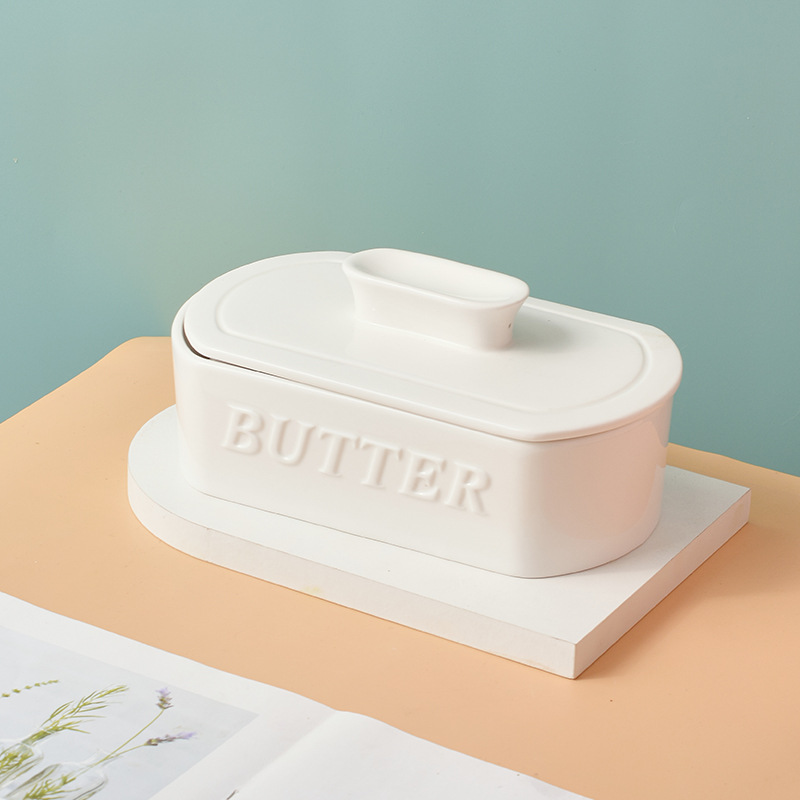 Ceramic Butterboat Oval Butter Box with Lid Household Butter Crisper Restaurant Western Style Butter Box