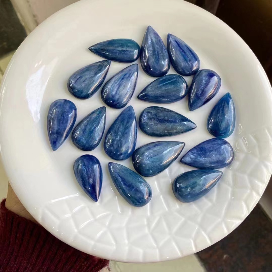 天然蓝水晶石裸石深蓝色吊坠挂坠镶嵌光面平底水滴形diy批发直销