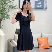 新中式连衣裙女中长款夏季新款时尚气质遮肚收腰显瘦方领连衣裙