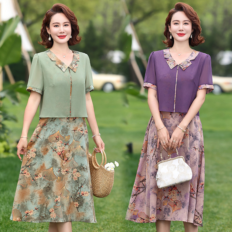 夏装中年女装印花翻领雪纺连衣裙洋气百搭年轻妈妈装长裙50岁衣服