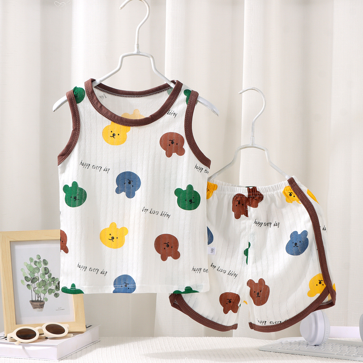 2024 New Children's Vest Suit Summer Cotton Girls' Shorts Pajamas Baby Korean Style Sleeveless for Boy Children's Clothing