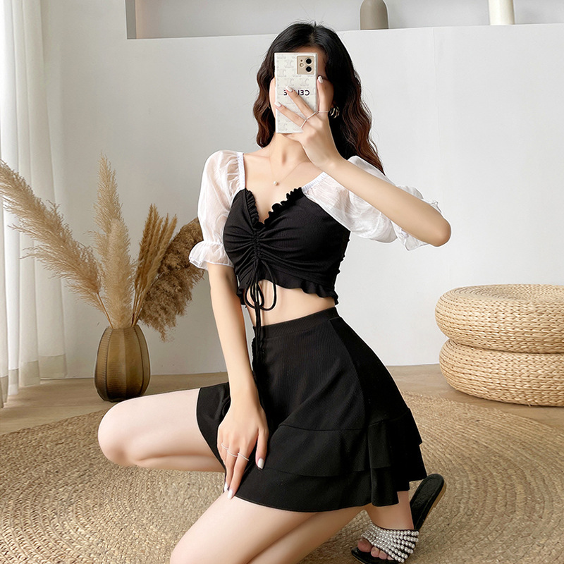 Split Skirt Style Boxer Swimsuit Female Conservatively Thin Student Small Chest Gathered Korean Style Fresh Hot Spring Swimming Suit