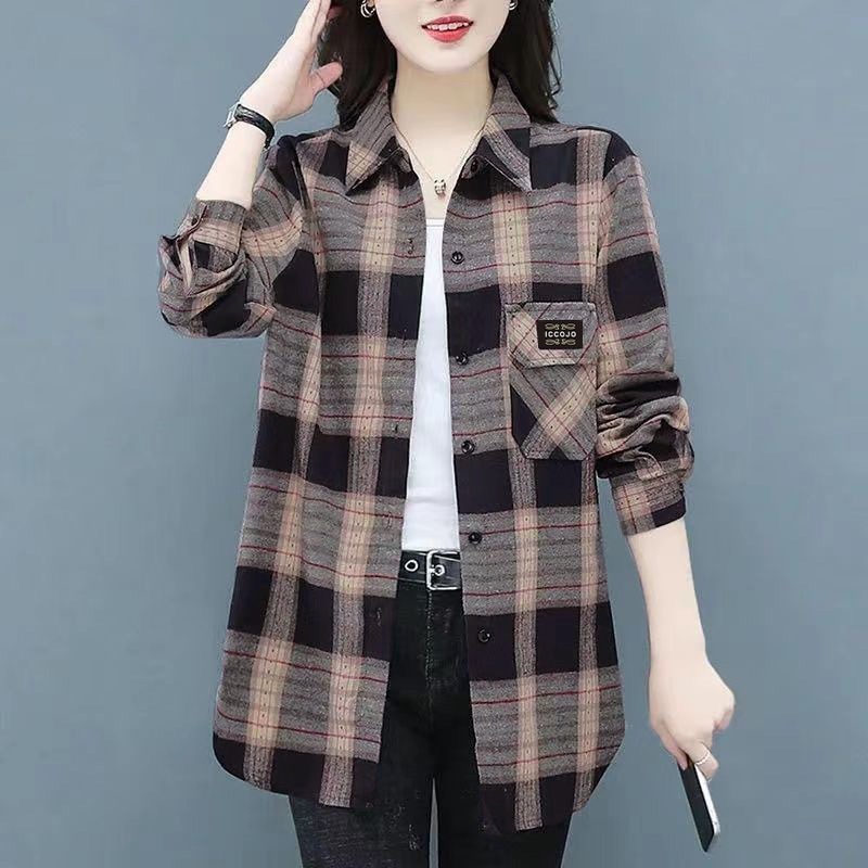 2024 Spring New Middle-Aged Mom Shirt Large Size Loose Casual Polo Collar Long Sleeve Brushed Plaid Shirt