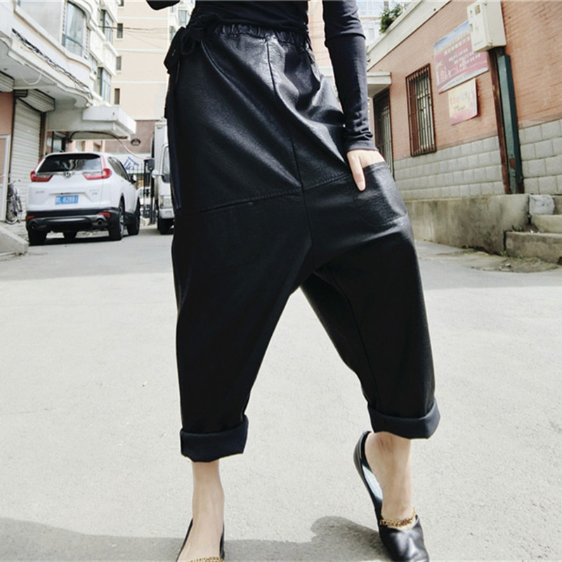 皮裤女显瘦新款潮百搭高腰掉裆裤街拍裤子女潮宽松皮九分裤秋冬