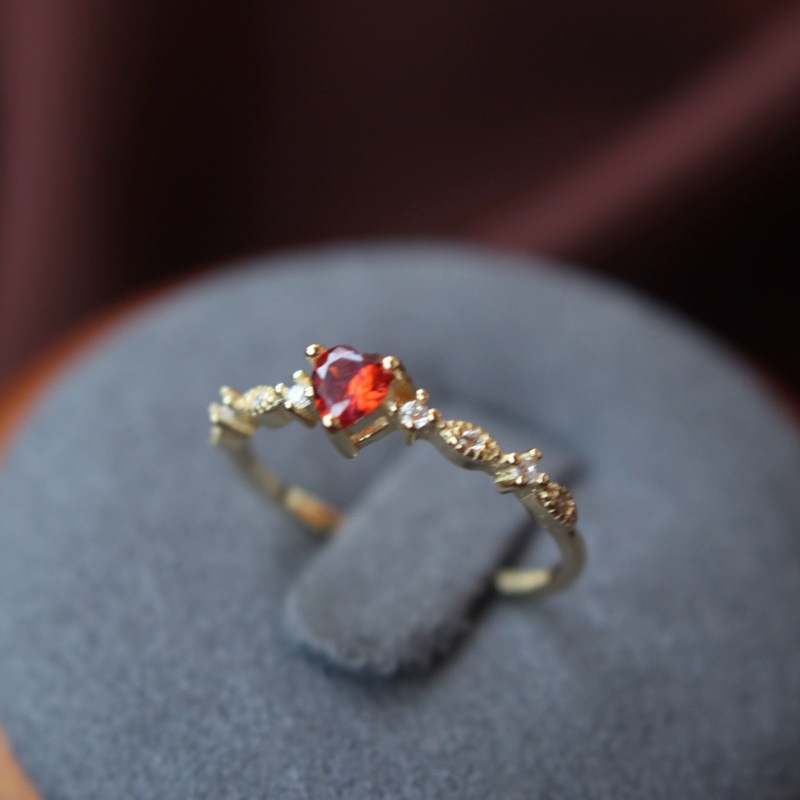 s925纯银镀14k金少女爱心红宝石戒指女 纤细日系轻奢开口百搭尾戒