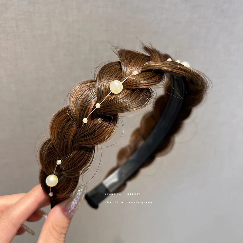 Internet Influencer Pearl Twist Braid Wig Hair Hoop Fishbone Plaits Fluffy Non-Slip Face Washing out High Skull Top Hairpin Hair Ornaments