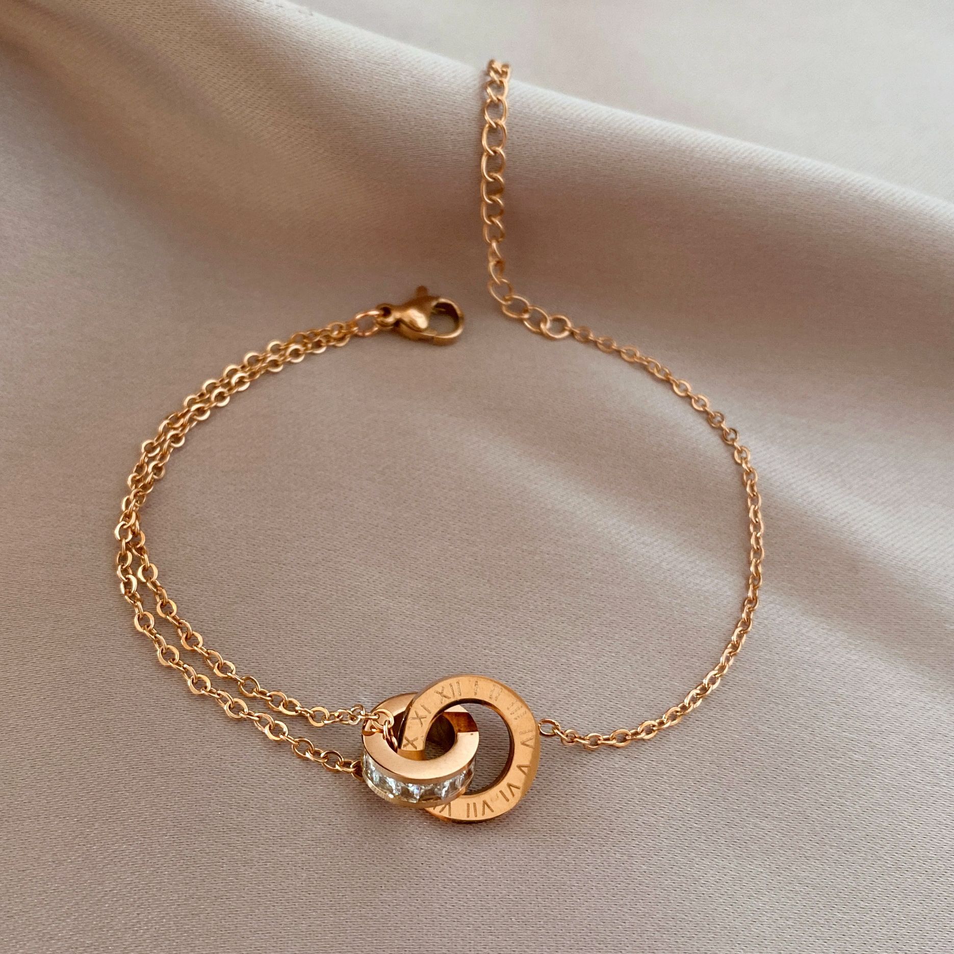 Titanium Steel Bracelet Japanese and Korean Popular Roman Non-Fading Rose Gold Roman Digital Double Ring Bracelet Ins Personalized Bracelet